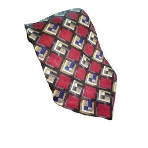 Zianetti Italian silk Tie red blue green grey white geometric design 60" long